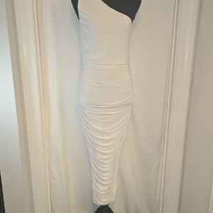 Fashion Nova One-Shoulder White Ruched Midi Dress
